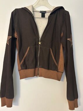 Bebe Brown and Tan Zip-Front Hoodie Jacket lined